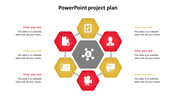 PowerPoint slide displaying a project plan with colorful hexagonal icons with placeholder text.
