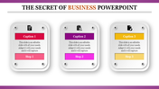 A business PowerPoint template featuring three steps, each with an icon and a caption area.