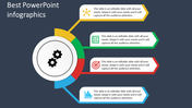 Infographic PowerPoint slide featuring colorful arrows and icons with captions.