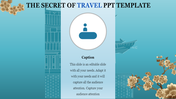 Blue travel template featuring a central icon in a circle, floral patterns, and a placeholder text areas.