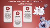 Nature themed PowerPoint slide with red background, three captions, and floral illustrations.