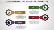 Slide with gear icons in green, gold, red, and purple, each with educational symbols and corresponding captions.