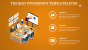 Business PowerPoint template showing a team working with laptops and charts during a meeting on an orange backdrop.