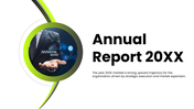 Clean and modern annual report PPT highlighting business overview, achievements, financial performance, sustainability.