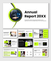 Clean and modern annual report PPT highlighting business overview, achievements, financial performance, sustainability.