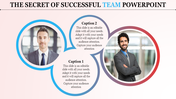 Team PowerPoint slide with two circular photo frames and captions highlighting professional individuals.
