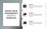 Slide featuring a centered title and three vertically stacked icons and descriptions on a gray background.