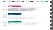 Three numbered list design with captions in red, blue, and green, aligned vertically with circular icons on the left.