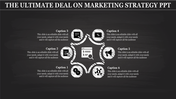 Marketing strategy PPT slide with interconnected icons representing key marketing elements in a star layout with captions.