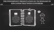 Chalkboard style slide with an open notebook graphic showing icons and two captions for education topics.