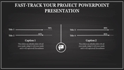 Dark themed project presentation slide with progress bars and percentage values for four titles, split into two sections.