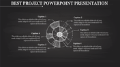 Chalkboard themed project PowerPoint template with a circular chart and six labeled captions for detailed insights.