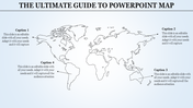 World map slide with four caption placeholders for presenting global data.