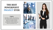 Slide with text on the left and three business themed images, including a woman in a suit, on the right.
