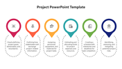 Project planning slide featuring six milestone markers with colorful icons and detailed descriptions under each step.