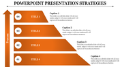 Arrow shaped process diagram slide with four orange steps, highlighting PowerPoint presentation strategies with captions.