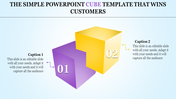 Slide featuring two 3D cubes in purple and yellow, labeled 01 and 02 with captions on each side.