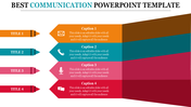 Slide featuring pencil graphics in orange, teal, pink, and red, each with communication related icons and captions.