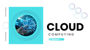 Cloud Computing PowerPoint teal slides with cloud graphics, service models chart, architecture diagram, and tech icons.