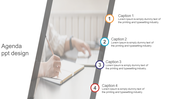 Agenda PPT slide with four numbered captions aligned vertically beside an image of a person writing.