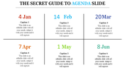 Agenda template with six square sections, each featuring a colored date and description, topped by a bold header.