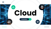 Cloud blue and green slides with cloud icons, service model chart, server visuals, and tech diagrams.