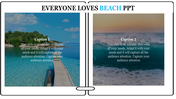 Two beach themed slide showcasing a wooden pier over clear waters and a powerful ocean wave at sunset with captions.
