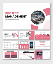 Project management PPT template with strategy, lifecycle phases, metrics, timeline, and risk slides.
