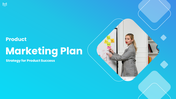 Marketing Plan PowerPoint with blue theme, presenter image, charts, icons, rounded shapes and strategy slides.