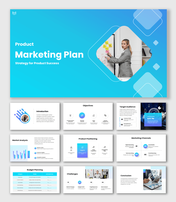 Marketing Plan PowerPoint with blue theme, presenter image, charts, icons, rounded shapes and strategy slides.