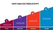 SWOT Analysis PPT slide with colorful sections for Threat, Opportunity, Weakness, and Strength with placeholder text.