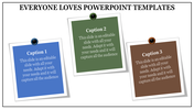 PowerPoint slide with colorful note cards pinned to a board with captions and placeholder text.