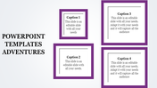 Minimalist slide with a light background, featuring four purple outlined square frames, each containing captions.