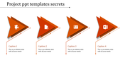 Project themed PowerPoint slide with four orange triangular designs, each showcasing an icon and caption below.