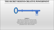 Slide showcasing a bold blue key icon on a neutral white background with a caption at the bottom.