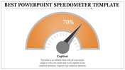 Orange speedometer slide with a gauge showing 70% progress and space for caption text below.