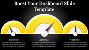 Dashboard PPT slide featuring three yellow speedometer style gauges with captions for data representation on a dark backdrop.