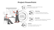 Monochrome Project PowerPoint template illustrating four phases initiation, planning, execution, and closure with visuals.
