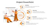 Project PowerPoint slide presenting the four stages of project planning with visuals and a team collaboration scene.