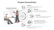 Gray themed numbered circular infographic with icons for five phases, and two professionals discussing at a desk.
