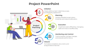 Five step project planning process is illustrated from initiation to closure with vibrant visuals and teamwork with icons.