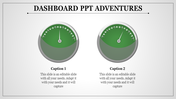 Dashboard slide with two green gauge meters, each labeled with a caption and text below.