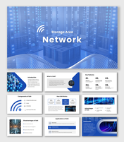 Network PowerPoint Template with storage server data center image, blue wave shapes and clean white slide layout.