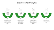 Green circle PPT slide showcasing business, process, target, and growth with icons and descriptive text under each section.