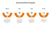Orange themed Circle PowerPoint template illustrating four key concepts Business, Process, Target, and Growth with icons.