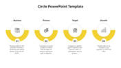 Yellow circle PPT slide showcasing business, process, target, and growth with icons and descriptive text under each section.