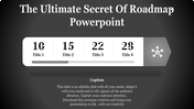 Roadmap PowerPoint slide with four milestones, featuring numbered titles, a progress bar, and a connected node's icon.
