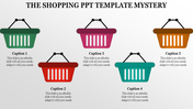 Slide displaying five shopping basket graphics in green, red, pink, teal, and orange with caption areas.