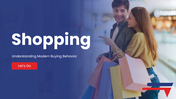 Shopping PPT Template with blue theme, shoppers with bags, modern shapes and clean structured text layouts.