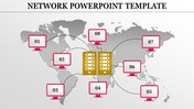 Network template showing a world map with eight computer icons linked to a central server.